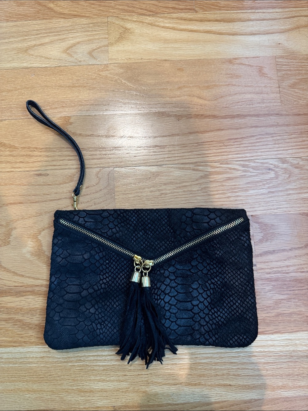 Italian Leather Black Textured Tassel Wristlet Clutch - Women Bags